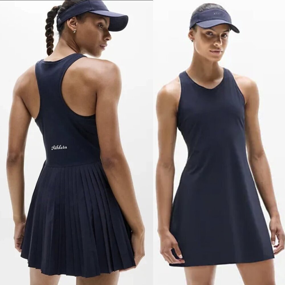 Athleta Match Point Pleated Sleeveless High Neck Tennis Dress in Navy Blue, XL